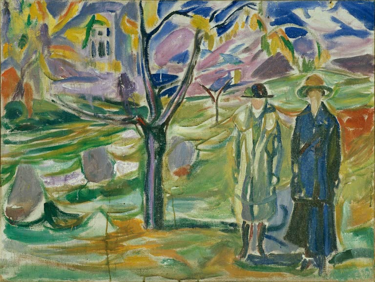 Zwei Frauen mit Hüten unter einem Baum in bunter Gartenlandschaft – Edvard Munch Zwei Frauen im Garten Kunstkopie