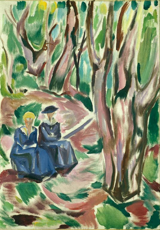 Zwei Frauen in blauen Kleidern sitzen im lichten Wald – Edvard Munch Zwei Frauen im Wald bei Ekely Kunstkopie