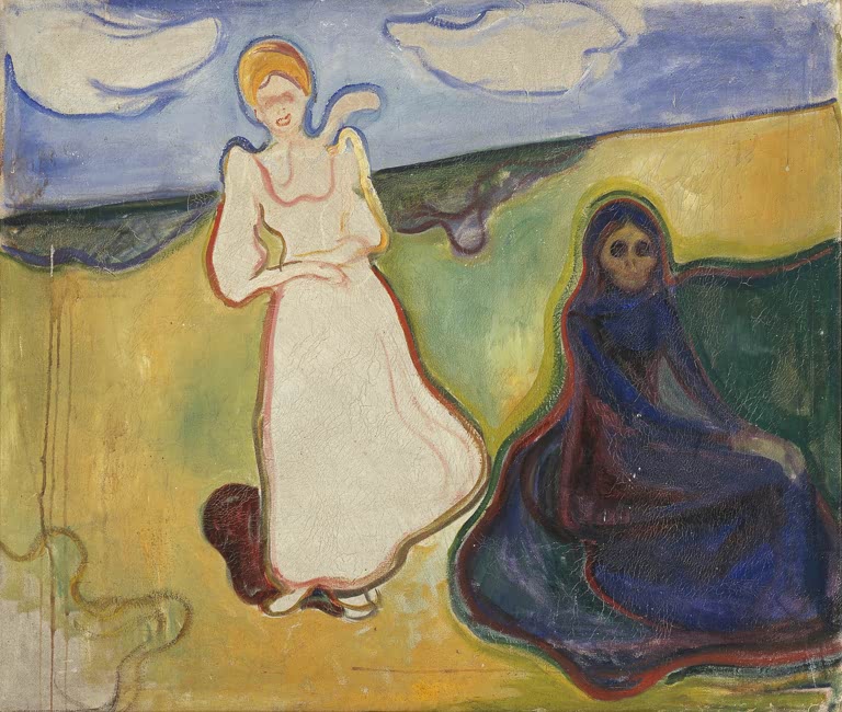 Frau im hellen Kleid und dunkel verhüllte Gestalt – Edvard Munch Zwei Frauen in einer Landschaft Kunstkopie