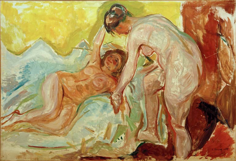 Zwei nackte Frauen, eine liegend, eine vorgebeugt, auf hellem Bett – Edvard Munch Zwei Frauen, liegend und stehend Kunstkopie