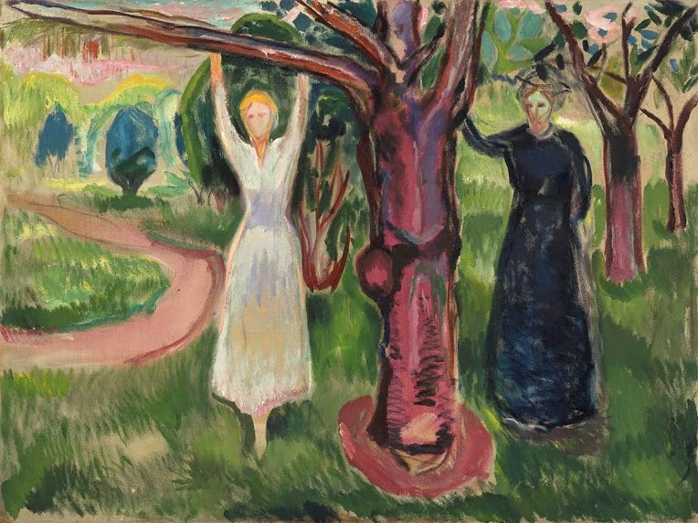 Edvard Munch Zwei Frauen unter dem Baum im Garten, 1919 Kunstkopie, Frau in Weiß und Frau in Schwarz am rosa Stamm