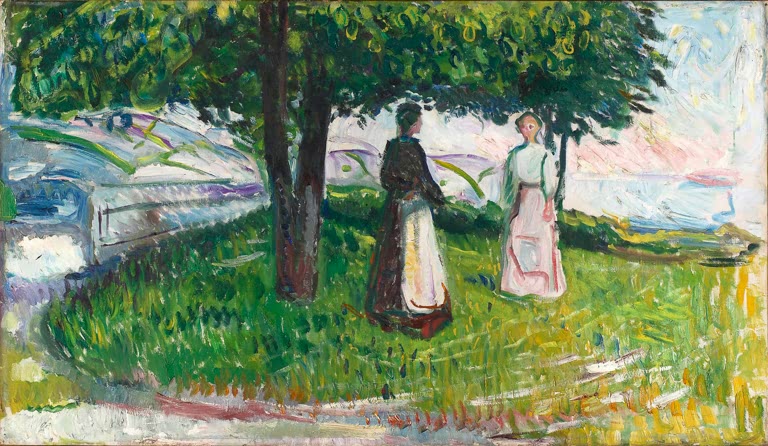 Zwei Frauen unter einem großen Baum auf grüner Wiese – Edvard Munch Zwei Frauen unter einem Baum Kunstkopie