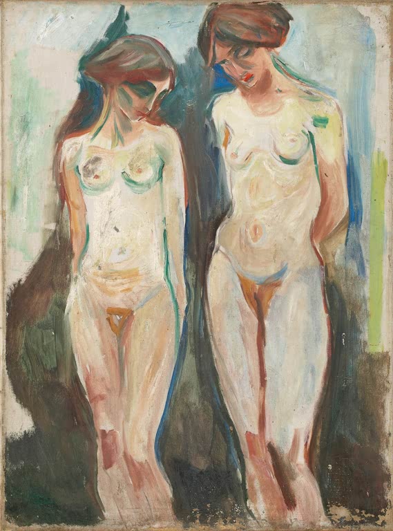 Zwei nackte Frauen stehen mit gesenktem Blick nebeneinander vor dunklem Grund – Edvard Munch Zwei Grazien Kunstkopie