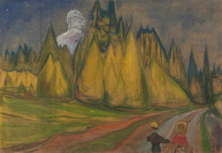 Edvard Munch Zwei Kinder auf dem Weg zum Märchenwald Kunstkopie, Kinderpaar vor goldgelbem Tannenwald