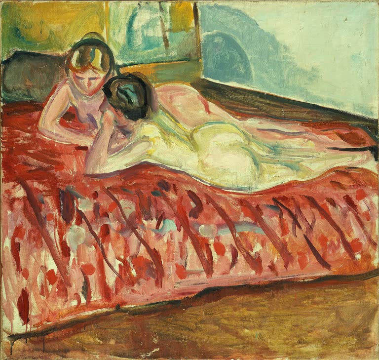 Zwei nackte Frauen liegen auf einem rot gemusterten Bett vor einem Fenster – Edvard Munch Zwei liegende Akte Kunstkopie