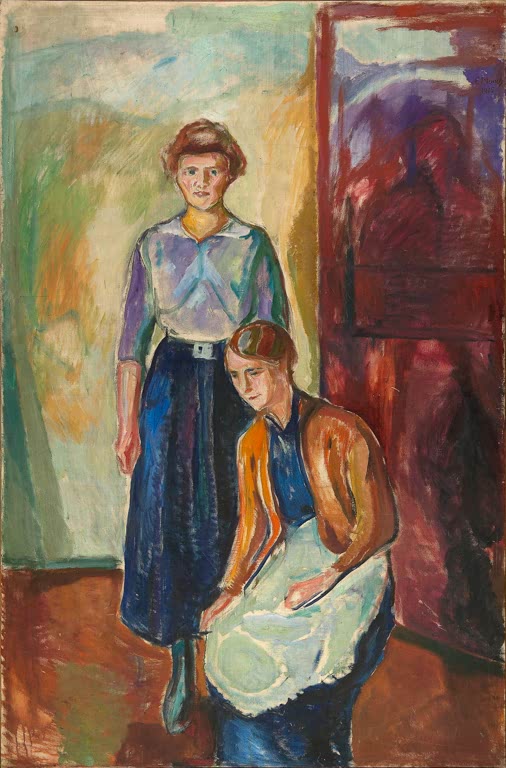 Zwei Frauen stehen in einem Raum vor offener Tür, die eine hält eine Schürze – Edvard Munch Zwei Mädchen Kunstkopie