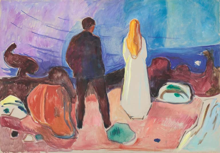 Mann in Dunkel und Frau im weißen Kleid stehen am Strand vor dem Meer – Edvard Munch Zwei Menschen. Die Einsamen Kunstkopie