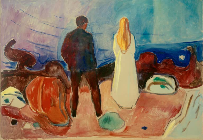 Mann in Dunkel und Frau in hellem Kleid blicken aufs Meer – Edvard Munch Zwei Menschen. Die Einsamen Kunstkopie
