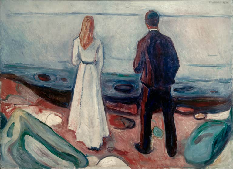 Frau in Weiß und Mann in Dunkel blicken am Strand zum Meer – Edvard Munch Zwei Menschen. Die Einsamen Kunstkopie