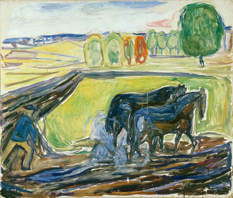 Zwei schwarze Pferde ziehen den Pflug über ein Feld – Edvard Munch Zwei schwarze Pferde am Pflug Kunstkopie