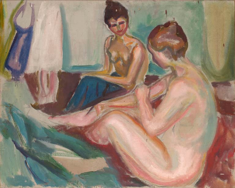 Zwei sitzende nackte Frauen in einem hellen Zimmer – Edvard Munch Zwei Sitzende Akte Kunstkopie