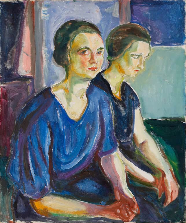 Zwei sitzende Frauen in blauen Kleidern vor hellem Fenster – Edvard Munch Zwei sitzende Frauen Kunstkopie
