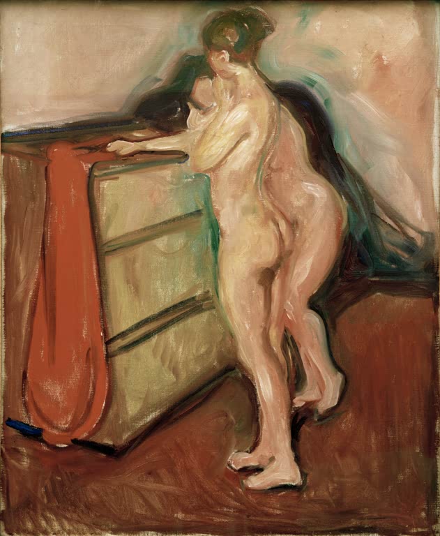 Nackte Frau lehnt an einer Kommode, daneben eine zweite Gestalt – Edvard Munch Zwei weibliche Akte Kunstkopie