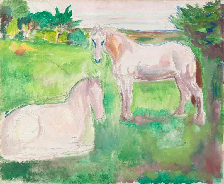 Edvard Munch Zwei weiße Pferde auf grüner Wiese Kunstkopie, ein stehendes und ein liegendes Pferd vor Bäumen