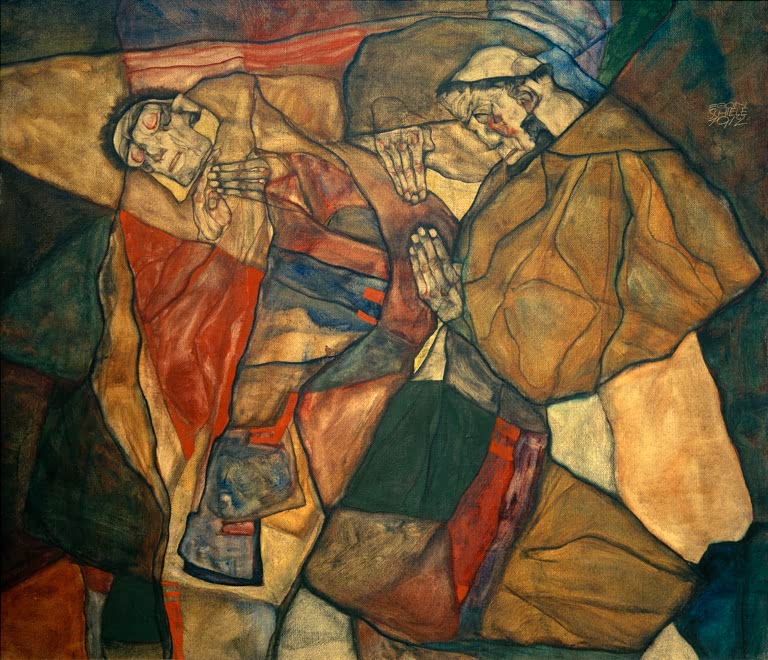 Zwei liegende Gestalten in kantig gebrochenen Farbflächen – Egon Schiele Agonie (Der Todeskampf) Kunstkopie