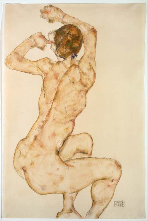 Weiblicher Rückenakt mit erhobenen Armen, die Haut in warmen Brauntönen – Egon Schiele Akt mit erhobenen Armen Kunstkopie