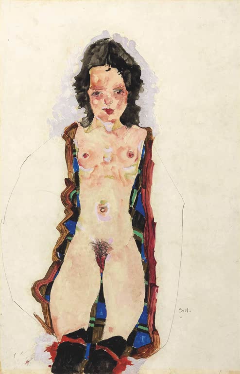 Stehende Frau mit schwarzem Haar vor buntem, geöffnetem Mantel – Egon Schiele Akt mit roten Strumpfbändern Kunstkopie