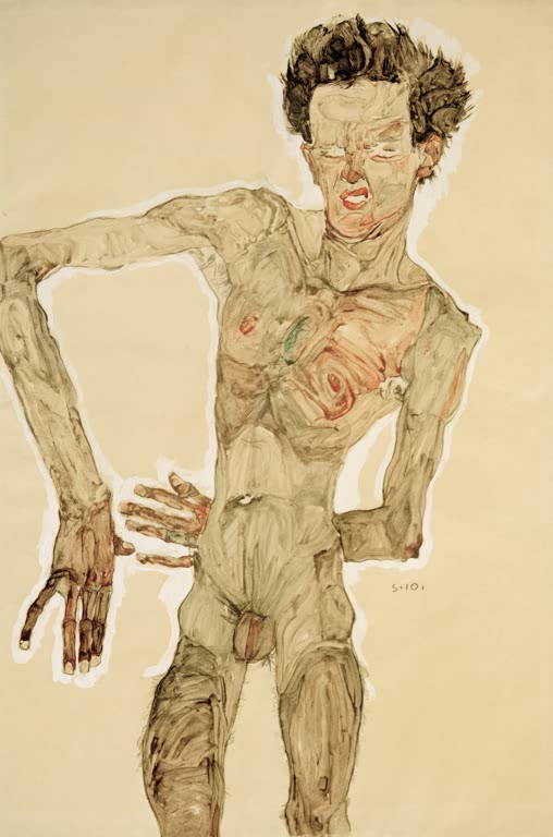 Nackter Mann mit grimassierendem Gesicht, Hand in der Hüfte – Egon Schiele Aktselbstbildnis, grimassierend Kunstkopie