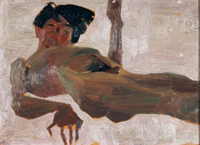 Liegender Akt auf hellem Grund, in pastosen Pinselstrichen gemalt – Egon Schiele Aktstudie Kunstkopie
