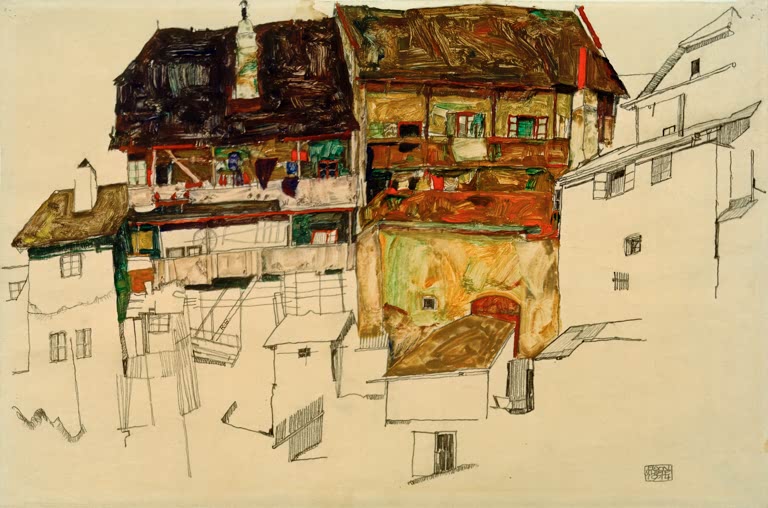 Alte Häuser mit braunen Holzbalkonen über hellen Gebäuden – Egon Schiele Alte Häuser in Krumau Kunstkopie