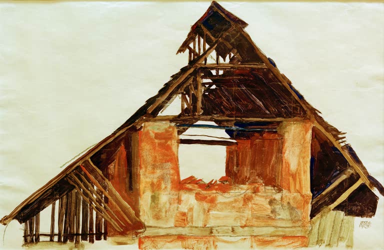 Altes Haus mit offenem Dachstuhl und orangefarbenen Mauern – Egon Schiele Alter Giebel Kunstkopie