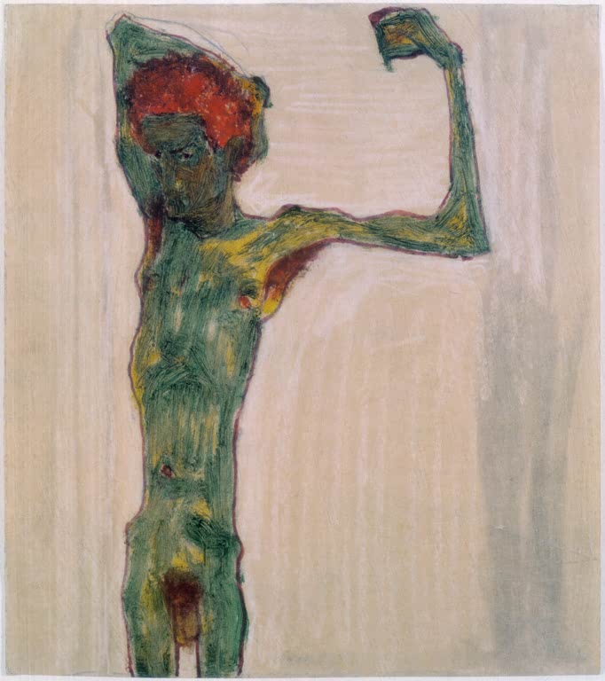 Grün und rot gemalte männliche Figur mit erhobenem Arm vor hellem Grund – Egon Schiele Anarchist Kunstkopie