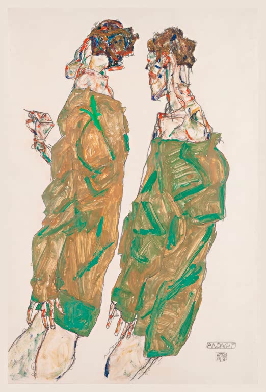 Zwei Gestalten in gold-grün gemusterten Gewändern stehen einander gegenüber – Egon Schiele Andacht Kunstkopie