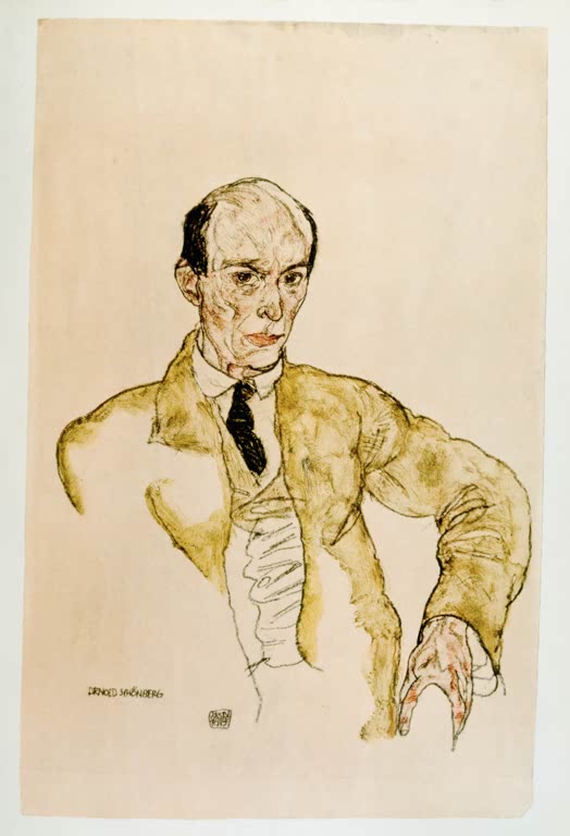 Mann mit Glatze und dunkler Krawatte im olivgelben Jackett – Egon Schiele Arnold Schönberg Kunstkopie