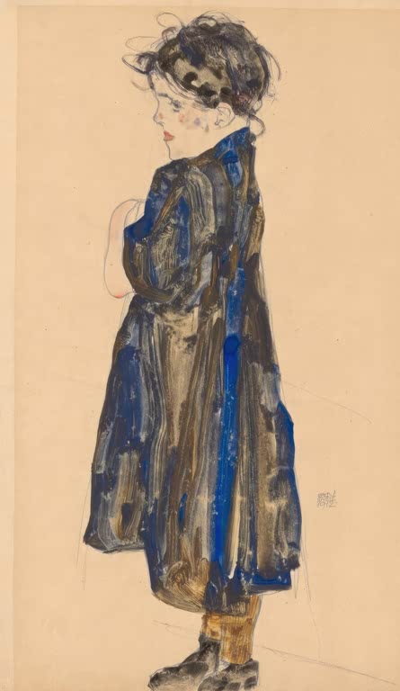 Mädchen im Profil in langem blau gestreiftem Mantel und braunen Schuhen – Egon Schiele Bäuerin Kunstkopie