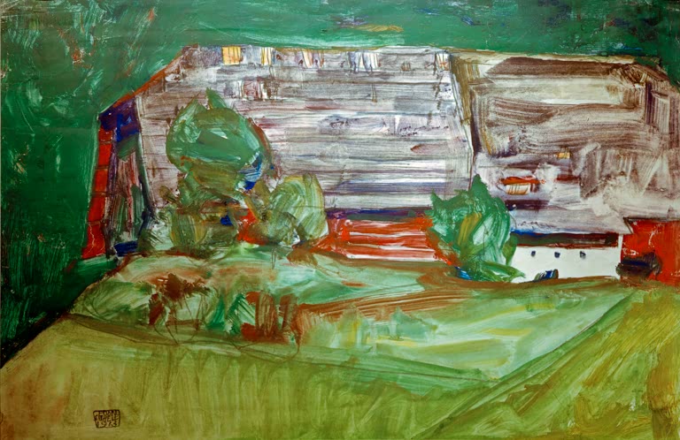 Bauernhaus in grüner Wiesenlandschaft mit Bäumen – Egon Schiele Bauernhaus in Landschaft Kunstkopie