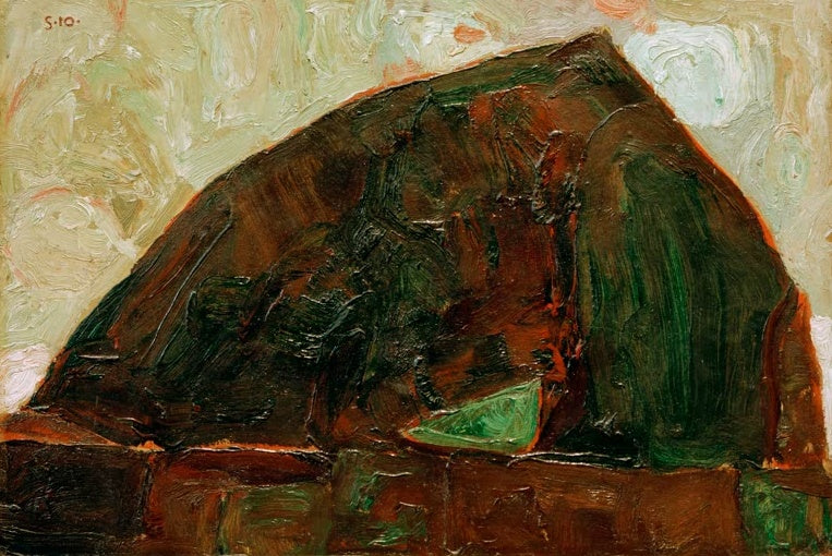 Dunkelgrüner Berg an einem Fluss mit hellem Himmel – Egon Schiele Berg am Fluß Kunstkopie