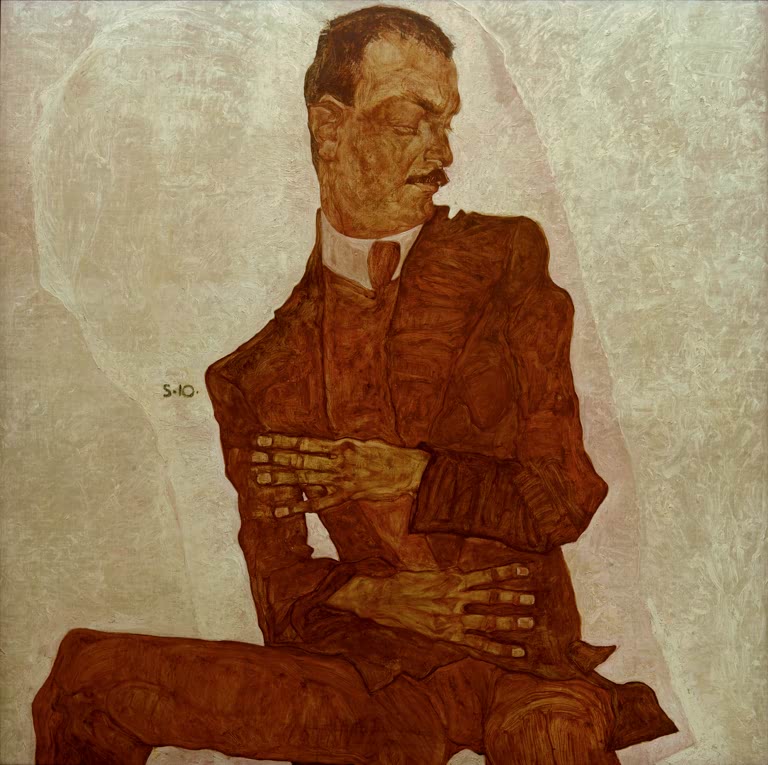 Mann im rostroten Anzug, sitzend, mit gesenktem Blick vor hellem Grund – Egon Schiele Bildnis Arthur Roessler Kunstkopie