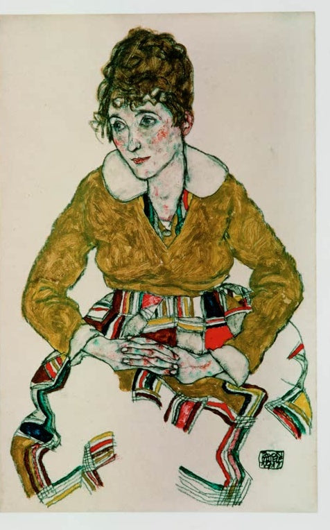 Sitzende Frau in olivgrünem Oberteil und buntem Rock – Egon Schiele Bildnis der Gattin des Künstlers Kunstkopie