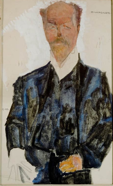 Älterer Mann im dunkelblauen Anzug mit gefalteten Händen – Egon Schiele Bildnis des Architekten Otto Wagner Kunstkopie