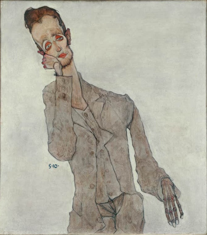 Mann im grauen Anzug, Kopf in die Hand gestützt, vor hellem Grund – Egon Schiele Bildnis des Malers Karl Zakovsek Kunstkopie