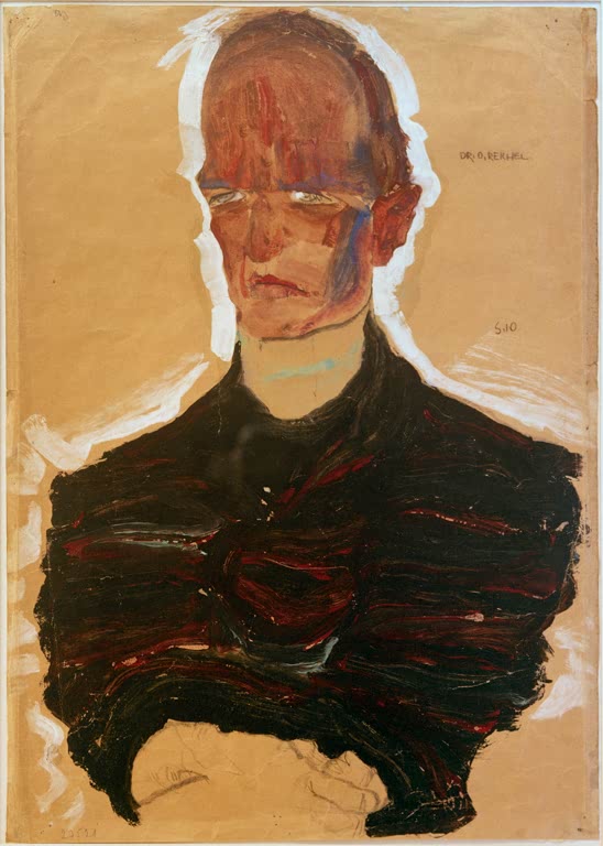 Männerkopf mit rötlichem Gesicht über dunklem, bewegt gemaltem Oberkörper – Egon Schiele Bildnis Dr. Oskar Reichel Kunstkopie
