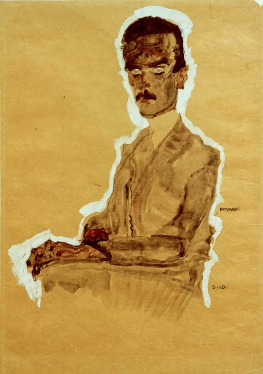 Sitzender Mann mit Schnurrbart in braunem Anzug, weiß umrandet – Egon Schiele Bildnis Eduard Kosmack, sitzend Kunstkopie