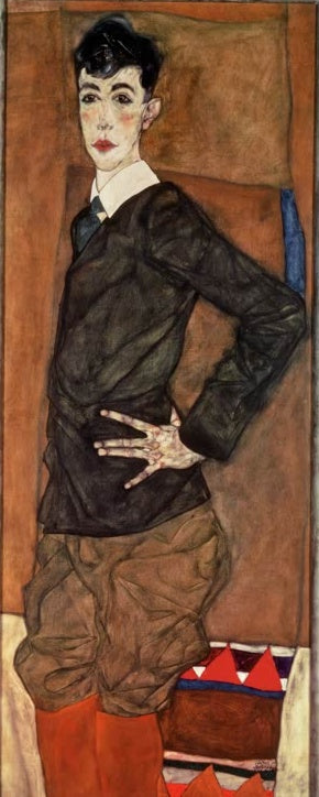 Junger Mann in dunklem Pullover, Hand in der Hüfte, vor rostbraunem Grund – Egon Schiele Bildnis Erich Lederer Kunstkopie