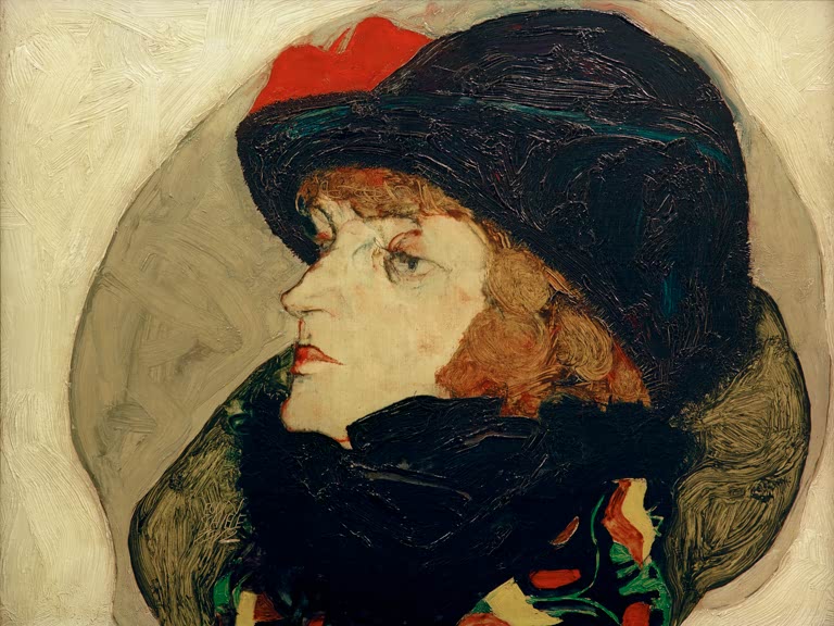 Frau mit großem schwarzem Hut und roter Schleife im Profil vor rundem Feld – Egon Schiele Bildnis Ida Roessler Kunstkopie