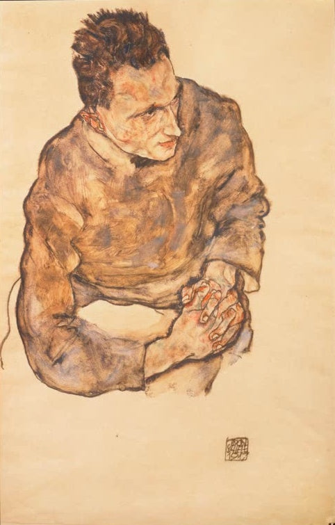 Mann in braunem Pullover mit verschränkten Händen von oben – Egon Schiele Bildnis Karl Grünwald Kunstkopie