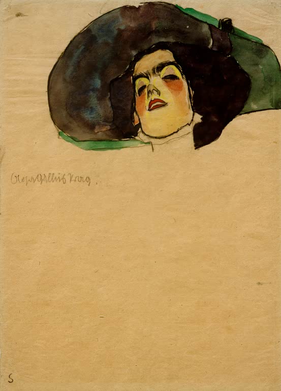 Frau mit schwarzgrünem Hut, das Gesicht nach oben gewandt – Egon Schiele Bildnis Olga Gallus, Prag Kunstkopie
