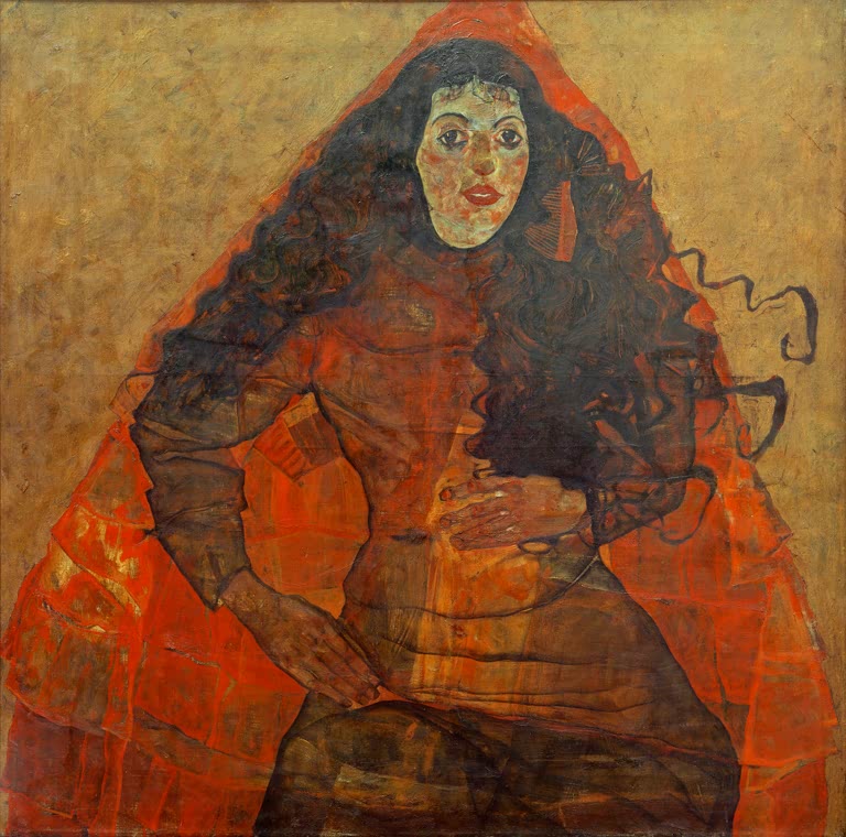 Frau mit langem dunklem Haar unter einem orangeroten Umhang – Egon Schiele Bildnis Trude Engel Kunstkopie