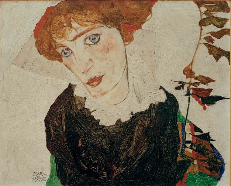 Frau mit rotem Haar und blauen Augen, Kopf geneigt, dunkle Bluse – Egon Schiele Bildnis Wally Kunstkopie