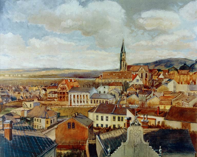 Blick über Dächer einer Stadt mit Kirchturm – Egon Schiele Blick vom Zeichensaal des Realgymnasiums Kunstkopie