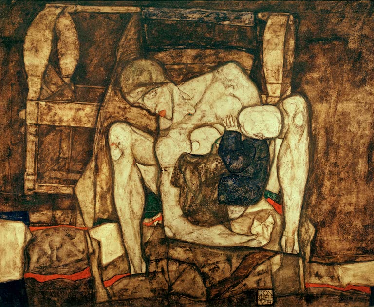 Blinde Mutter beugt sich über ein Kind, in erdigen Braun- und Gelbtönen – Egon Schiele Blinde Mutter Kunstkopie