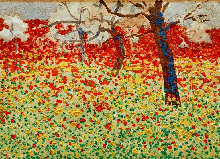 Blühende Wiese mit roten und gelben Tupfen unter kahlen Bäumen – Egon Schiele Blumenwiese mit Bäumen Kunstkopie