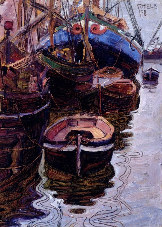 Dunkle Boote und ein Ruderboot im spiegelnden Hafenwasser – Egon Schiele Boote im Hafen von Triest Kunstkopie