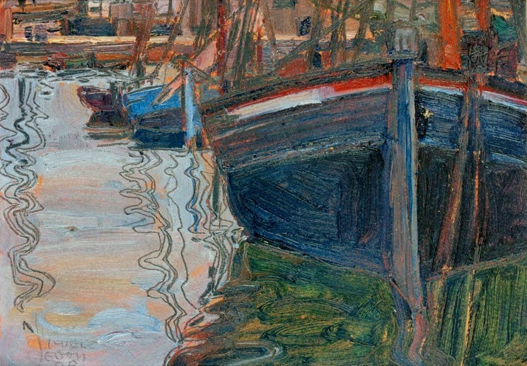 Dunkles Boot im Hafenwasser, Spiegelungen in bewegten Linien – Egon Schiele Boote, sich im Wasser spiegelnd Kunstkopie