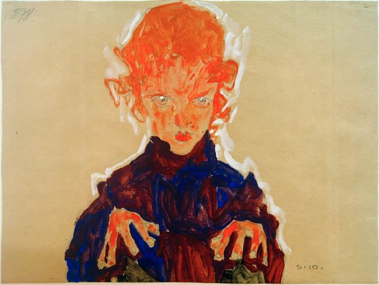 Mädchen mit orangerotem Haar in dunkelblauer Kleidung – Egon Schiele Brustbild eines rothaarigen Mädchens Kunstkopie
