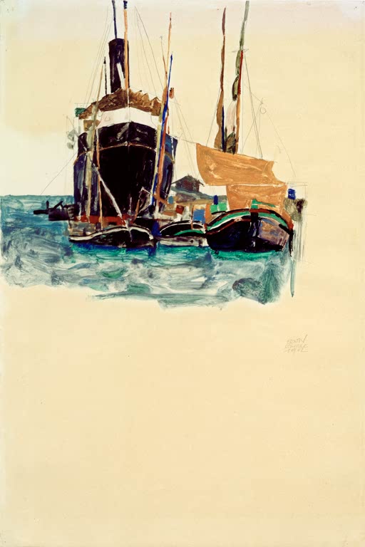 Dampfer und Segelboote im türkisgrünen Hafenwasser – Egon Schiele Dampfer und Segelboote im Hafen von Trieste Kunstkopie